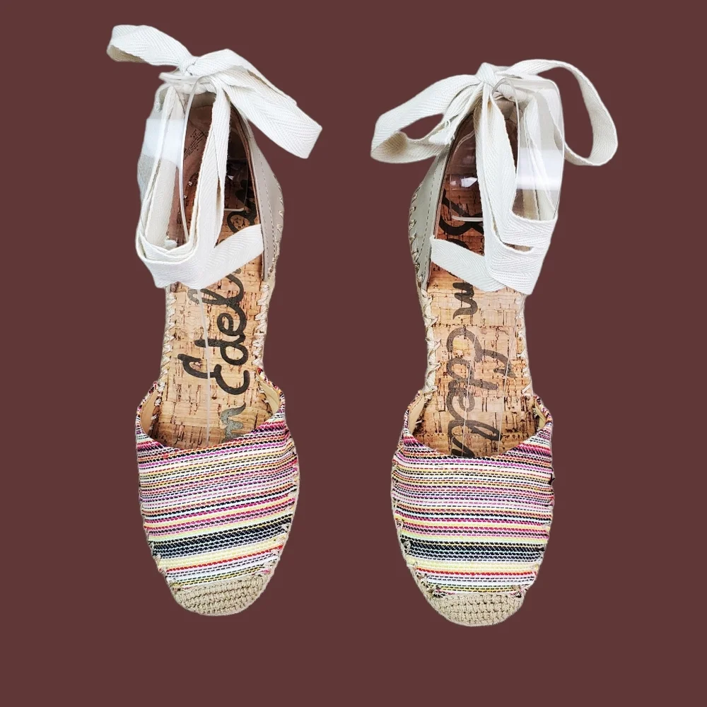 Sam Edelman Patsy Woven Multicolor Ankle Tie Wedge Espadrille Shoes Size 7